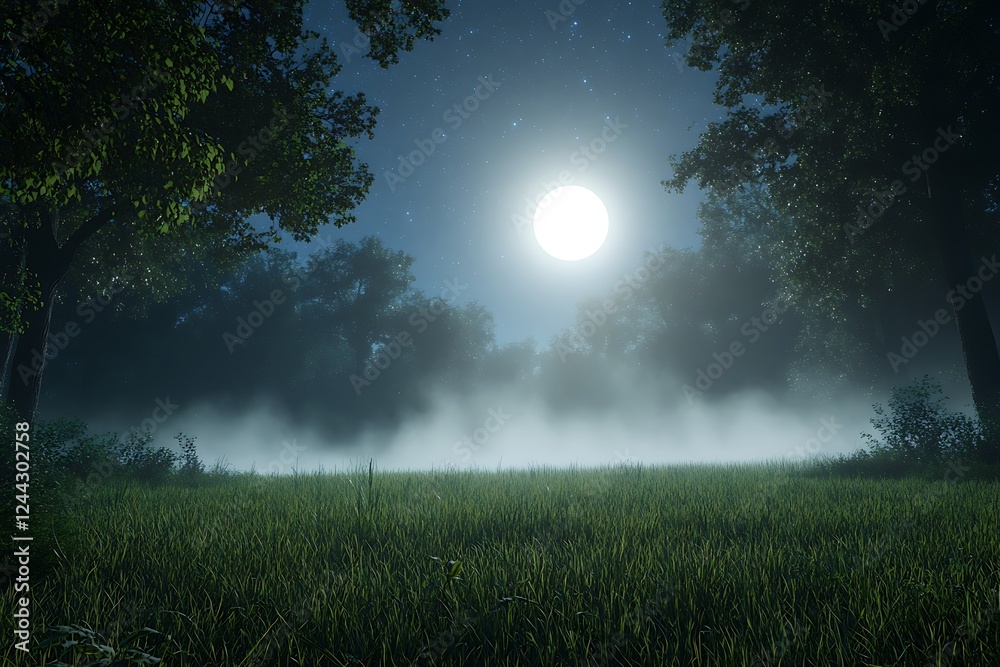 A tranquil forest clearing illuminated by a bright full moon, with misty fog rolling gently over the grass. A tranquil forest clearing illuminated by a bright full moon, with misty fog rolling gently over the grass.