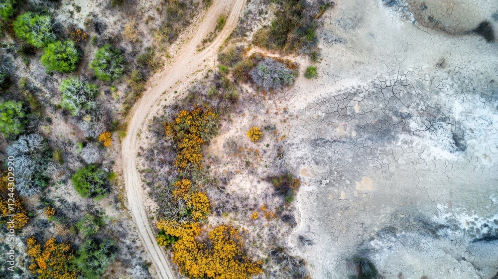 Scenic aerial view of winding dirt road surrounded by arid landscape and colorful foliage at midday Scenic aerial view of winding dirt road surrounded by arid landscape and colorful foliage at midday