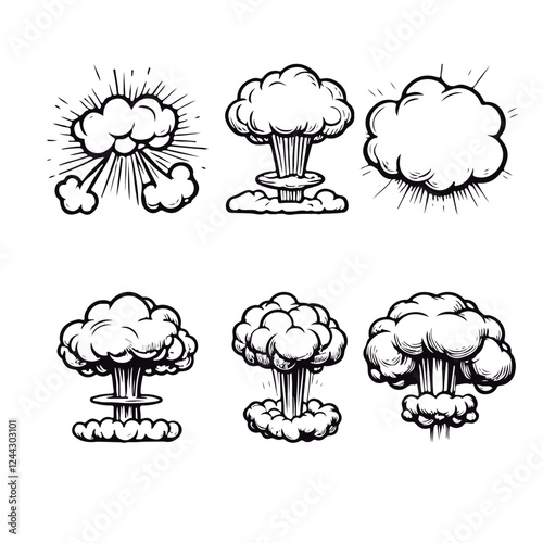 Cartoon nuclear explosion cloud and mushroom cloud. Cartoon black illustration set. White background
