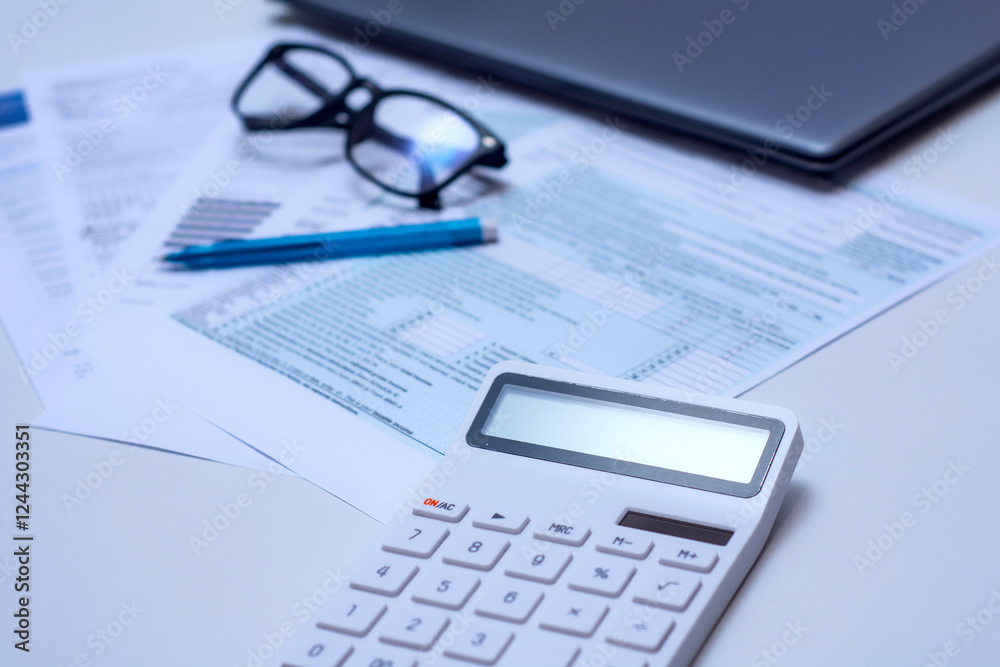 Tax Calculation and Financial Planning with documents. Close-up of tax forms, laptop, calculator and glasses on a table. Tax Calculation and Financial Planning with documents. Close-up of tax forms, laptop, calculator and glasses on a table.