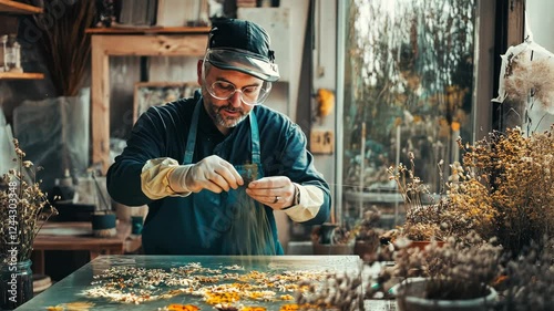 Artisan creating beautiful dried flower arrangements in a sunlit workshop
