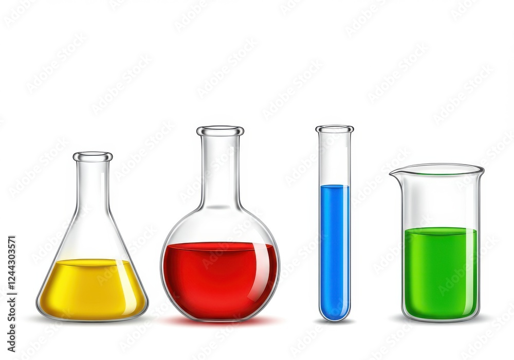 an image of four pieces of laboratory glassware arranged in the left portion of the frame against a white background an image of four pieces of laboratory glassware arranged in the left portion of the frame against a white background