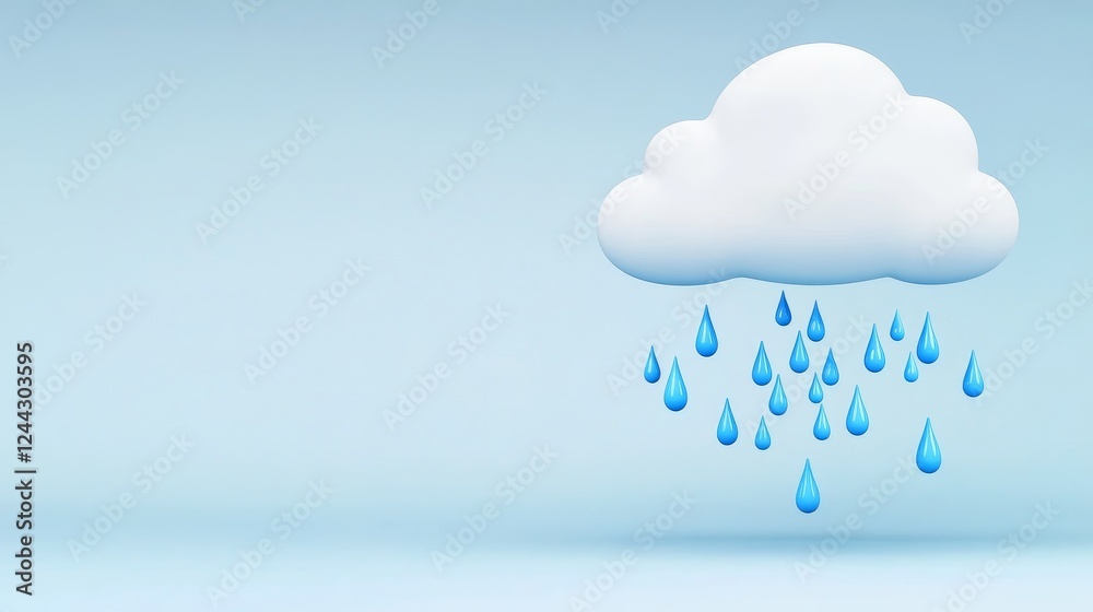 Blue Sky Cloud with Raindrops Falling - Minimalist 3D of a white cloud showering blue raindrops, symbolizing weather, freshness, purity, serenity, and renewal. Blue Sky Cloud with Raindrops Falling - Minimalist 3D of a white cloud showering blue raindrops, symbolizing weather, freshness, purity, serenity, and renewal.