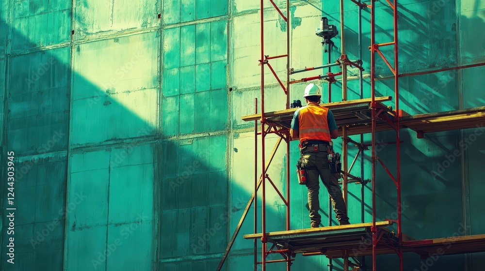 Fototapeta premium Surveyor on Scaffold Using Laser Scanner to Map Partially Completed Building