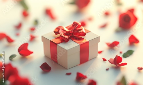 Gift box with red ribbon surrounded by red roses and petals on a light background