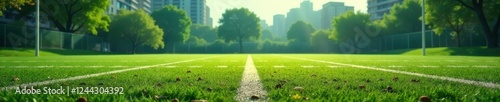 Worn turf, faded lines, weathered posts; vintage grunge football field , sport, turf photo