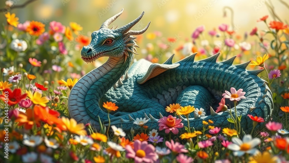 Obraz premium A dragon resting in a spring field of flowers, bright colors all around