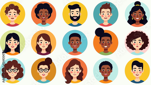 Various person avatars are collected in circular icons. Multiethnic user portraits in vector illustration. Flat cartoon male and female faces.