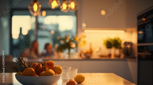 Stylish home kitchen featuring soft lighting and a fresh bowl of oranges on a wooden countertop