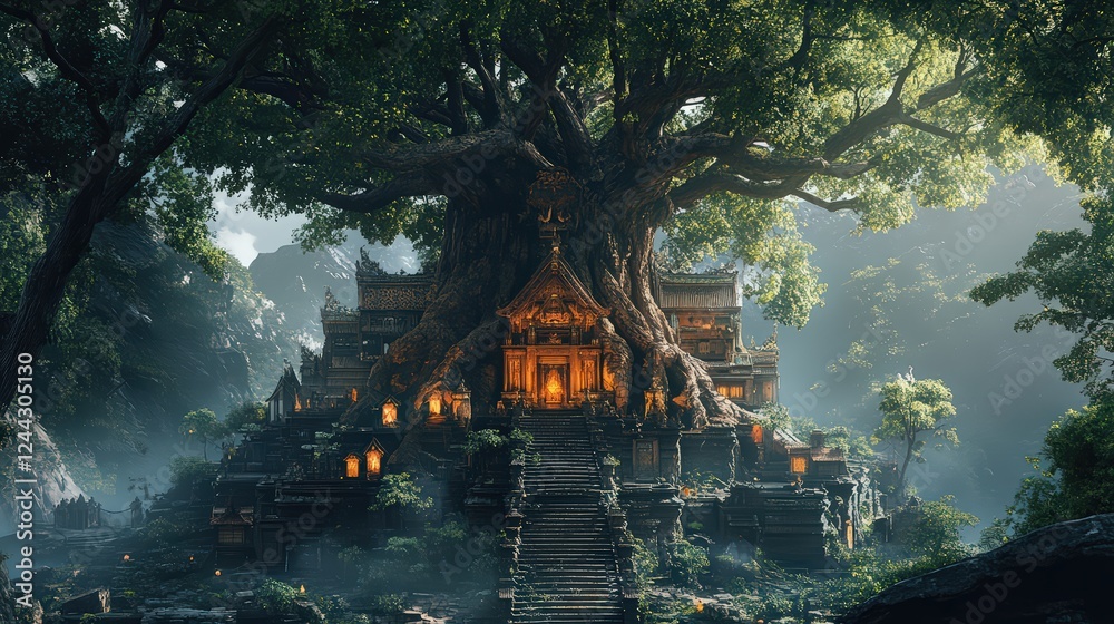 Obraz premium Temple House Built Around a Giant Ancient Tree