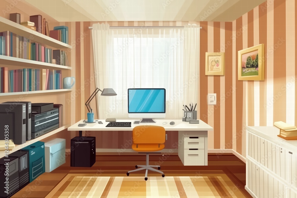 room with a desk and a computer.Drawing. room with a desk and a computer.Drawing.