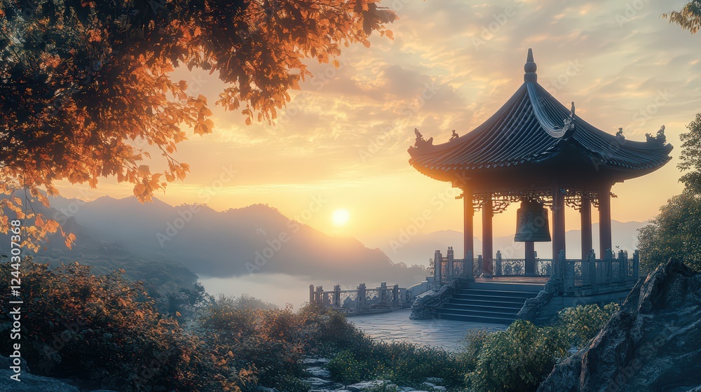 Obraz premium Temple House with a Giant Bell Ringing at Sunrise