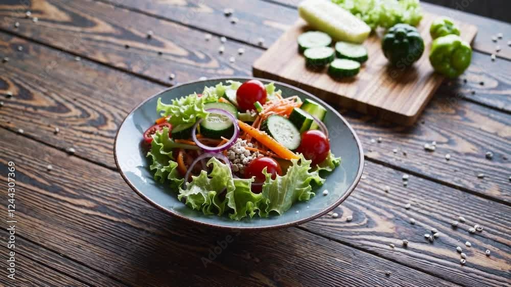 of a vibrant salad bowl overflowing with fresh, colorful vegetables, creating a visually stunning and nutrient-packed dish. of a vibrant salad bowl overflowing with fresh, colorful vegetables, creating a visually stunning and nutrient-packed dish.