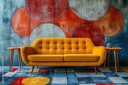 Yellow loveseat sofa and side tables against of colorful circle patterned wall Mid century interior design of modern living room Created with photo