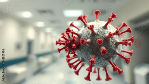 Human metapneumovirus HMPV molecular closeup in 3d rendering with hospital setting for healthcare vi photo