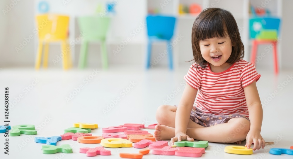 Fototapeta premium A young girl is sitting on the floor surrounded by alphabet blocks