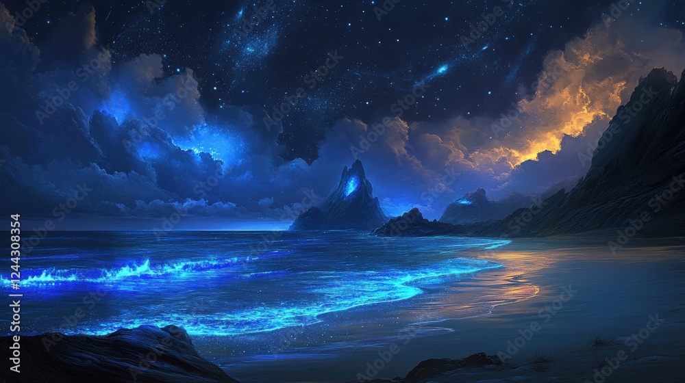 Naklejka premium Glowing Waves Crashing On A Starlit Beach