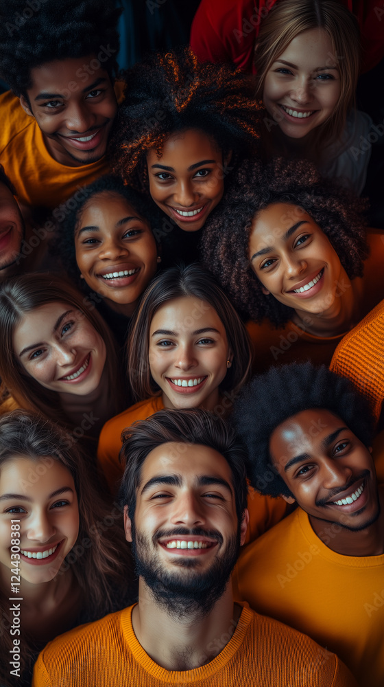 A group of diverse people smiling and looking upwards A group of diverse people smiling and looking upwards