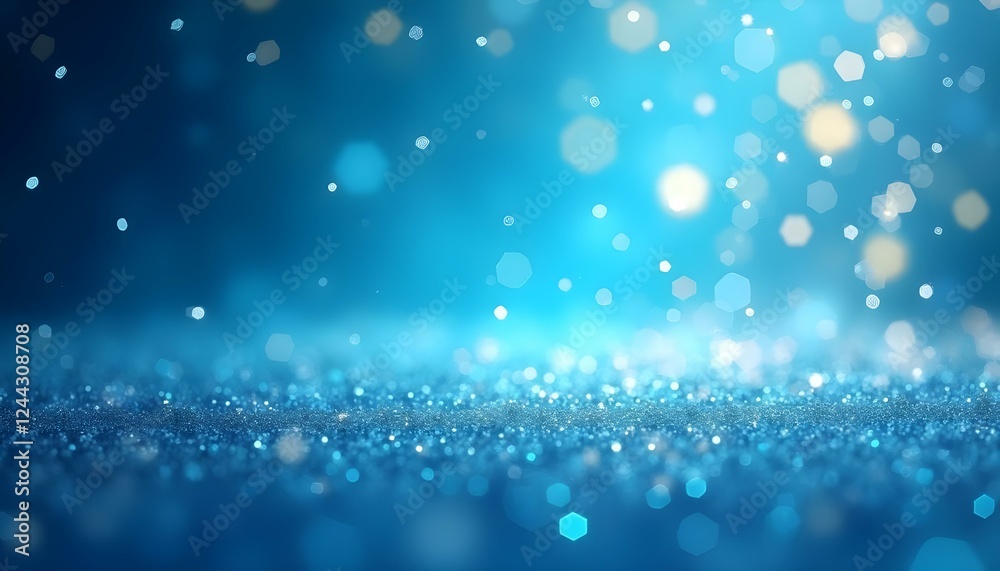 Obraz premium Un fondo azul brillante lleno de partículas brillantes y suaves luces bokeh en tonos blancos y amarillos, creando una atmósfera festiva y mágica