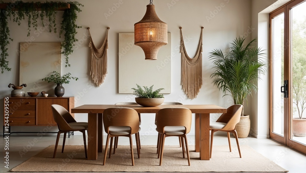 Obraz premium Іти на сторінку |Назад12345Далі A serene bohemian dining space radiates warmth with clean lines, minimalist decor, and light wood furniture featuring a honey-brown tone, paired with plush beige cushio