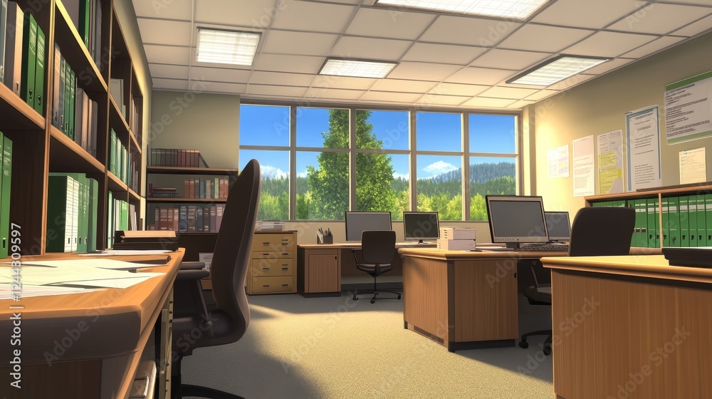 Modern office interior with desks and computer overlooking a scenic outdoor view of trees and mountain