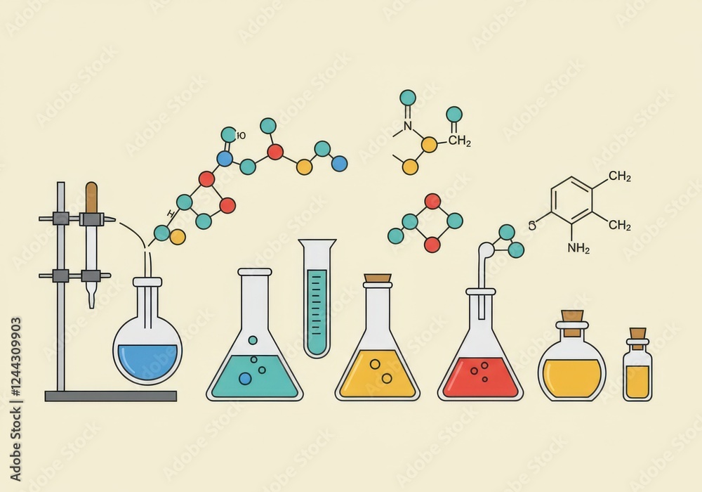 cartoonish image depicting a variety of laboratory glassware and chemical structures cartoonish image depicting a variety of laboratory glassware and chemical structures