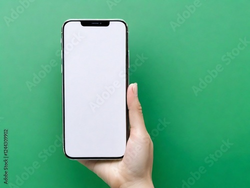 A hand grips a blank smartphone screen against a green backdrop in this minimalist smartphone.
 photo