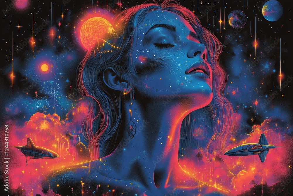Fototapeta premium A cosmic portrait of a woman surrounded by vibrant celestial elements.