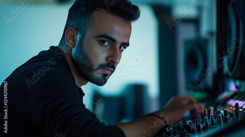 Middle Eastern Sound Engineer Adjusting Audio Equipment at Live Event, Focused Professional in Studio Setting, Event Production Specialist photo