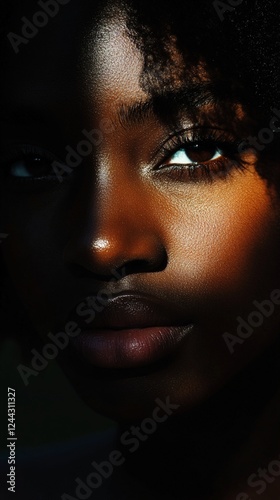 Dramatic close-up portrait showcasing radiant dark skin with stunning eye detail, natural curls, and perfect lighting creating depth and shadows on facial features in artistic composition