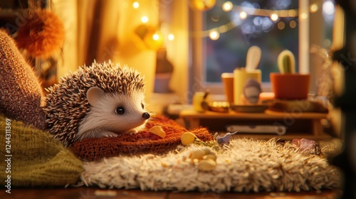 A small white hedgehog is sitting on a rug in front of a window