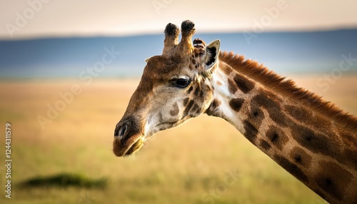 Intimate Encounter A Majestic Giraffe Gazes, Framed by Savannah Sunset in the Heart of Africas Wilderness photo