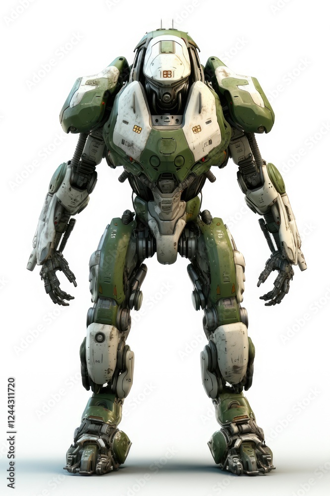 Futuristic Green Military Mech Soldier in Battle. 3D Rendering of Scratched Metal Armor Tank, Controlled by Pilot in Sci-Fi Fiction Venue Futuristic Green Military Mech Soldier in Battle. 3D Rendering of Scratched Metal Armor Tank, Controlled by Pilot in Sci-Fi Fiction Venue