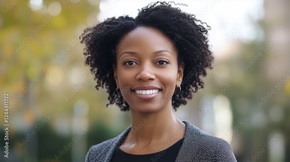 Fototapeta premium A woman with a radiant smile and curly hair stands outdoors in front of a blurred background