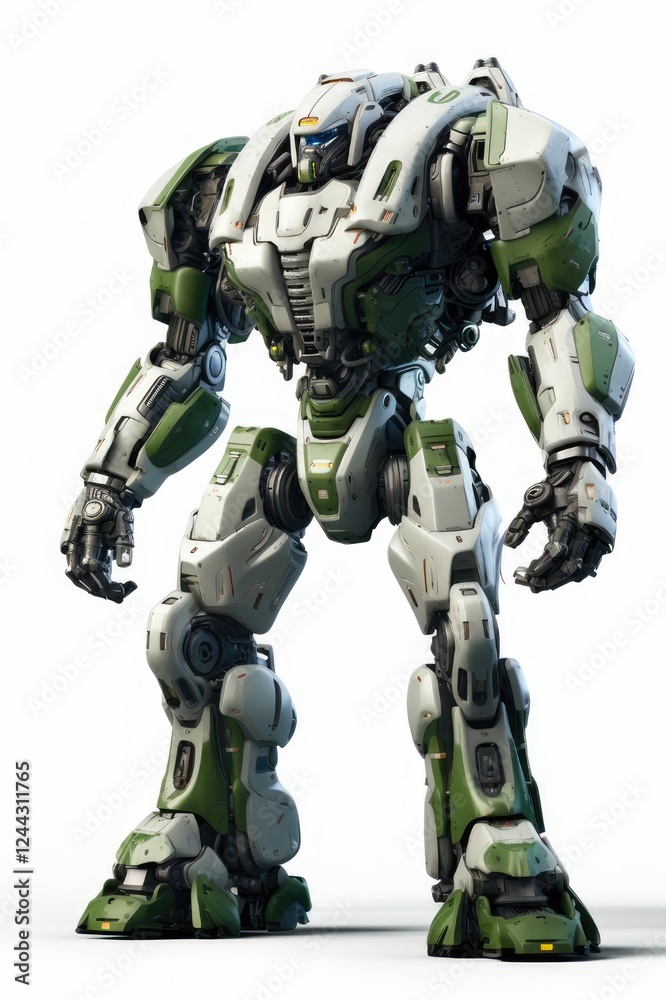 Futuristic Mech Soldier Ready for Battle in Sci-Fi Setting. Military Robot with Scratched Metal Armor and Green & Gray Colors. 3D Rendering Futuristic Mech Soldier Ready for Battle in Sci-Fi Setting. Military Robot with Scratched Metal Armor and Green & Gray Colors. 3D Rendering