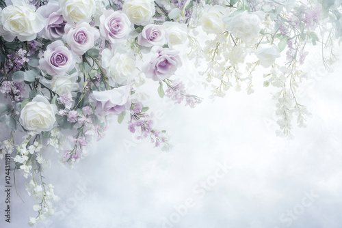 Delicate mini white roses and white tule wall in pastel and purple tones
