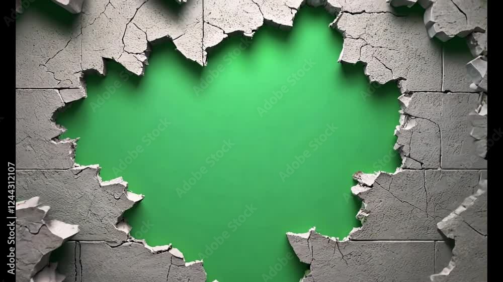 Concrete Wall with Large Irregular Hole and Cracks on Green Background | Urban Decay, Architectural Ruins, Industrial Aesthetic