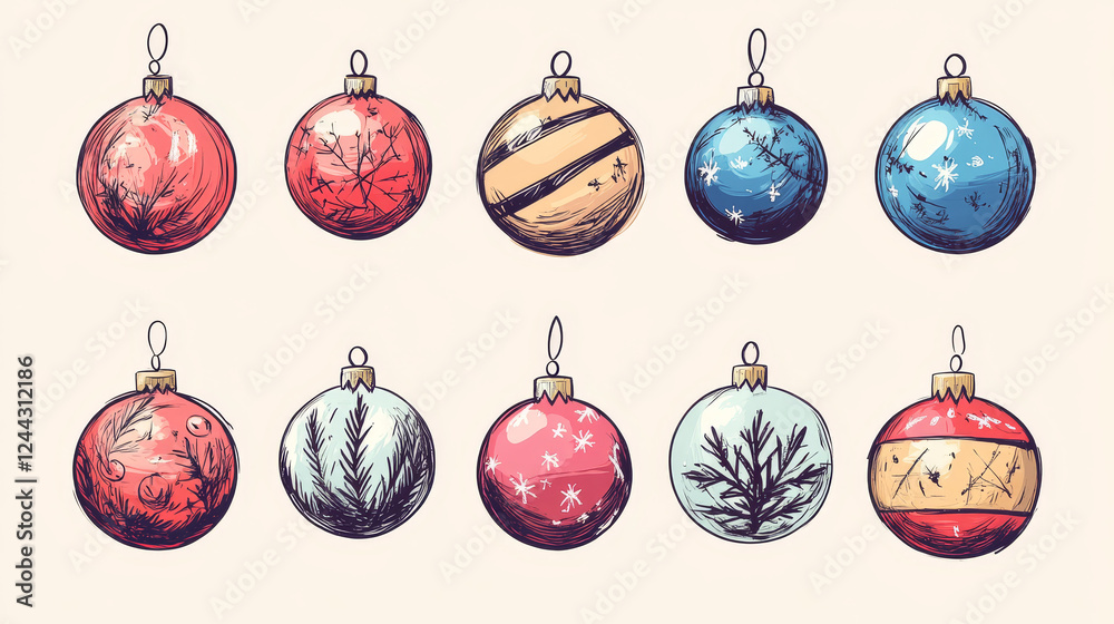 Christmas balls sketch set. Vector isolated new year traditional glass balls icons round and icicle shape, decorated with winter ornament Christmas balls sketch set. Vector isolated new year traditional glass balls icons round and icicle shape, decorated with winter ornament