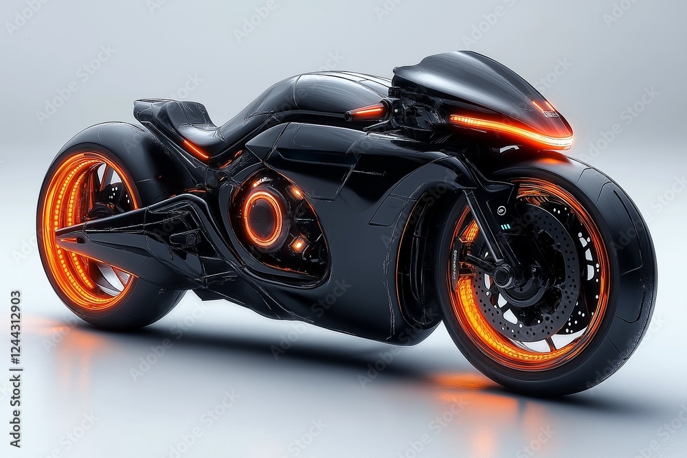 A modern sport motorcycle with sleek aerodynamic design and glowing LED lights isolated white background A modern sport motorcycle with sleek aerodynamic design and glowing LED lights isolated white background