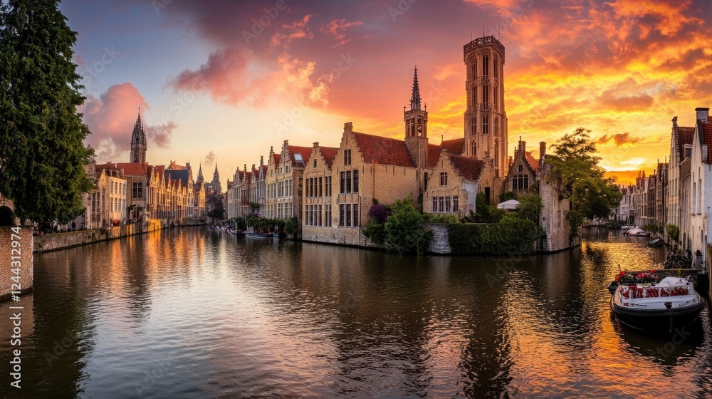Fototapeta premium Dramatic Sunset Over Bruges: A Breathtaking Cityscape of Belgium's Mediaeval Canals and Iconic Belfry