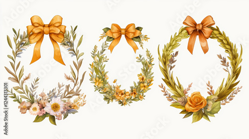 Heraldic laurel wreaths icons with laurel and olive branches, flowers, wheat ears and herbal twigs arranged into circle frames with ribbon banners and decorative bows. Victory and awarding design
