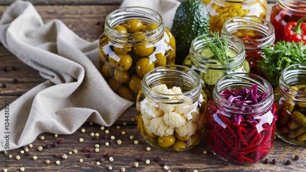 showcasing an array of vibrant pickled vegetables neatly arranged in glass jars, their rich colors and textures beautifully preserved in brine. showcasing an array of vibrant pickled vegetables neatly arranged in glass jars, their rich colors and textures beautifully preserved in brine.
