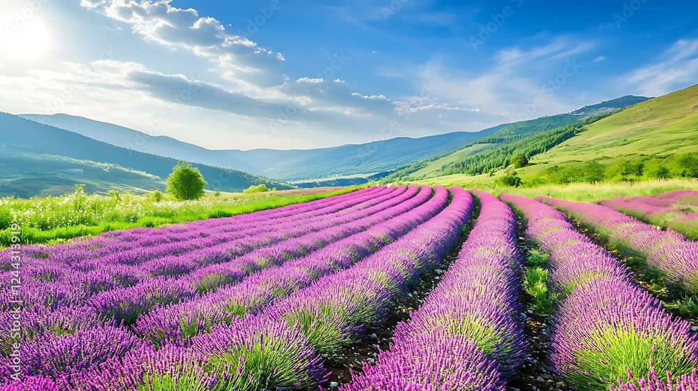 Fototapeta premium A vibrant field of lavender in full bloom under a bright blue sky, with the scent of flowers in the air