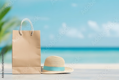 Fototapeta Naklejka Na Ścianę i Meble -  Shopping bag with beach hat on beach sea