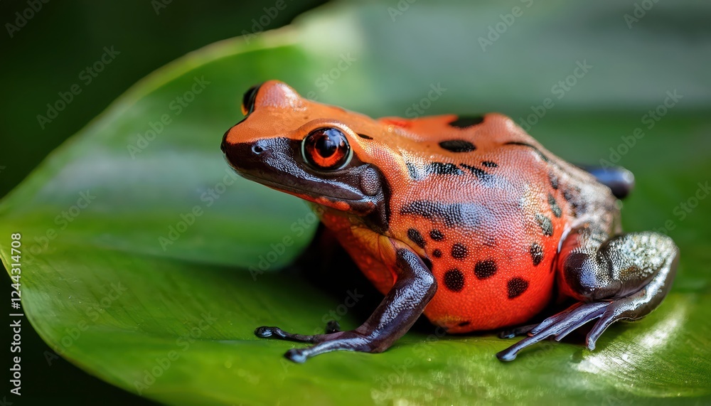 Charming Common Platanna Xenopus laevis Perched on Large Green Leaf, showcasing the Intriguing African Clawed Frogs Striking Patterns and Vivid Coloration in a Lush Jungle Environment Charming Common Platanna Xenopus laevis Perched on Large Green Leaf, showcasing the Intriguing African Clawed Frogs Striking Patterns and Vivid Coloration in a Lush Jungle Environment