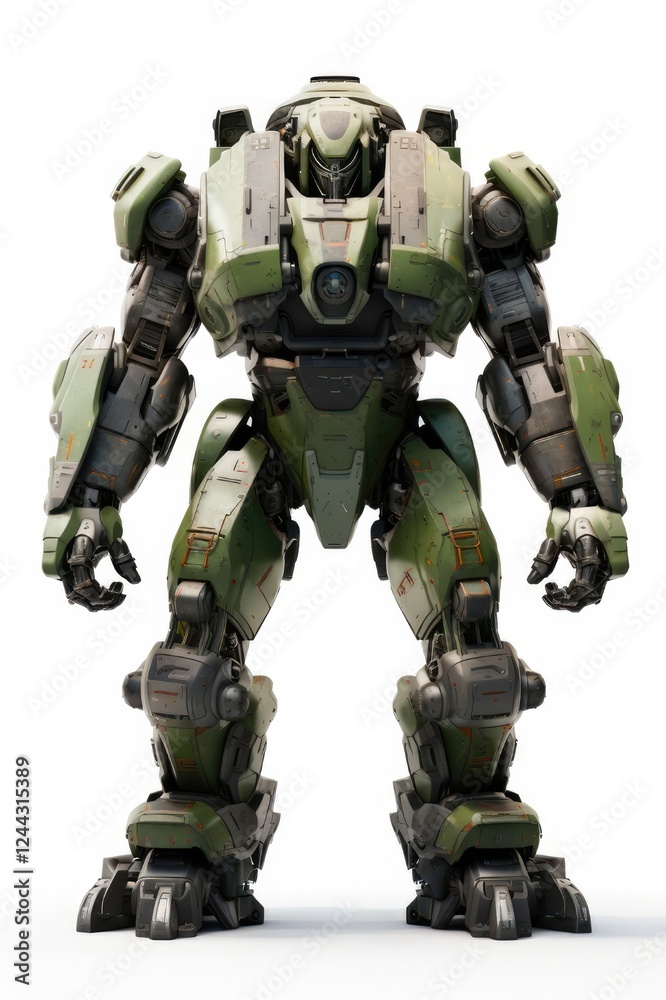 Green and Gray Military Sci-Fi Mech Soldier on White Background. Futuristic Battle Robot with Scratched Armor and Pilot Control. 3D Rendering Green and Gray Military Sci-Fi Mech Soldier on White Background. Futuristic Battle Robot with Scratched Armor and Pilot Control. 3D Rendering