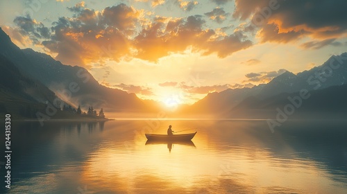 Fototapeta Naklejka Na Ścianę i Meble -  Serene fisherman on a tranquil lake at sunset in the mountains