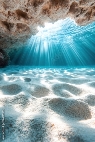 Beneath the surface, soft beams of light filter through the water, casting a magical glow on the ocean floor