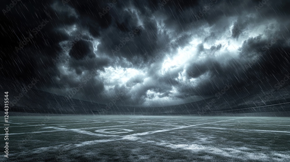 A dark, rainy football field under ominous clouds, evoking a sense of anticipation. A dark, rainy football field under ominous clouds, evoking a sense of anticipation.