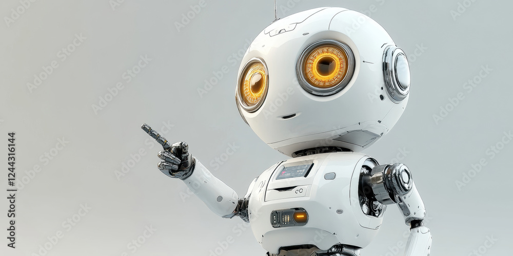 Fototapeta premium A friendly, futuristic robot pointing, perfect for technology, innovation, and education themes. Ideal for marketing, presentations, and digital content.